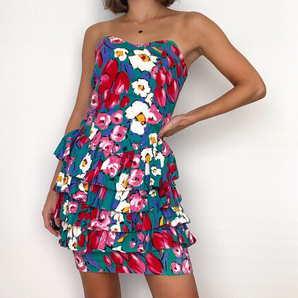 80s Vintage Floral Ruffled Mini Dress Teal Pink